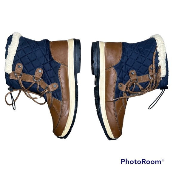BearPaw Bethany Size 10 Navy Blue & Leather Brown Winter Ducks Boots Sherpa - Picture 3 of 7